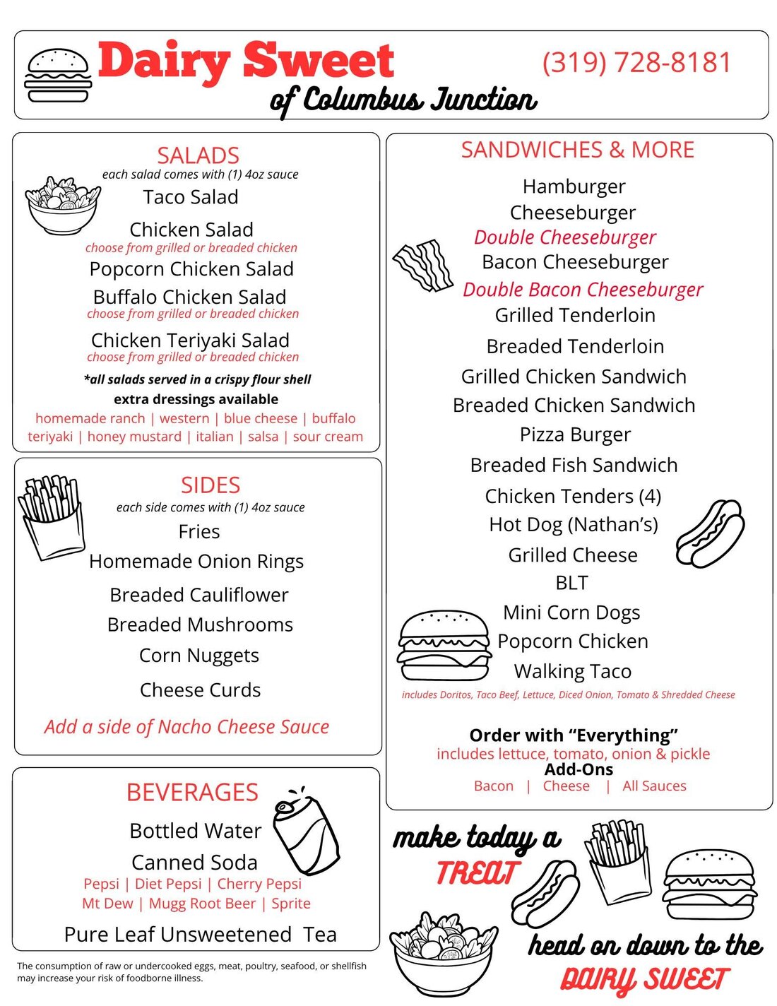 Eats menu: burgers, sandwiches, salads, sides and drinks