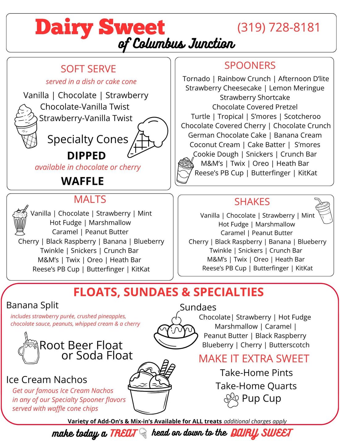 Treats menu: soft serve, specialty cones, Spooners, malts, shakes, sundaes, floats and specialties